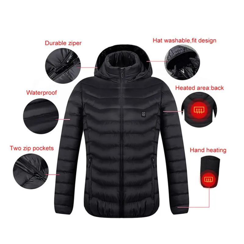 Высокое качество, куртки с подогревом, пуховики из хлопка для мужчин и женщин, пальто для улицы, USB, с электрическим подогревом, куртки с капюшоном, теплые зимние термо пальто