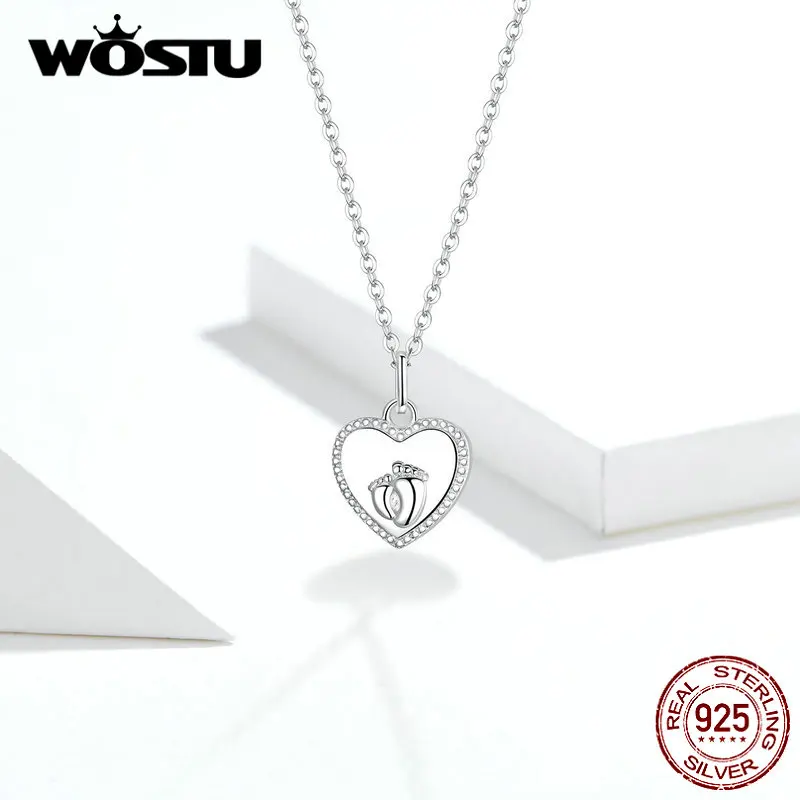 

WOSTU Real 925 Sterling Silver Necklaces Footprints Heart Pendant Long Chain Link For Women Friendship Fashion Jewelry FIN354