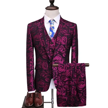 

Men's New Rose Pattern Slim Suit Men's Party One Button Flat Lapel Regular Suit Vest Pants Three Piece Men's Suit