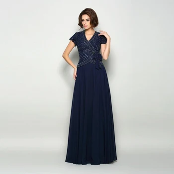 

New Elegant Navy Blue Beading Bodice Mother of the Groom Gowns Short Sleeves V Neckline Full Length Wedding Party Dress