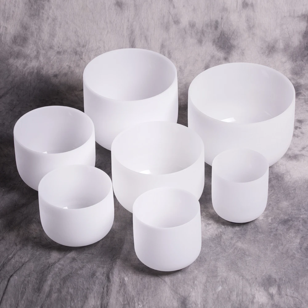 

Chakra Tuned Set of 7pcs 6" -12" Note C D E F G A B Frosted Quartz 432Hz crystal singing bowl