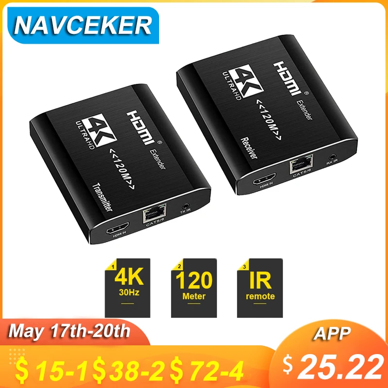 2020 Best 4K HDMI Extender Transmitter Receiver Over Cat5e/Cat6 RJ45 Ports HDMI Extender Loop 120m HDMI Extender IR For PS4 HDTV
