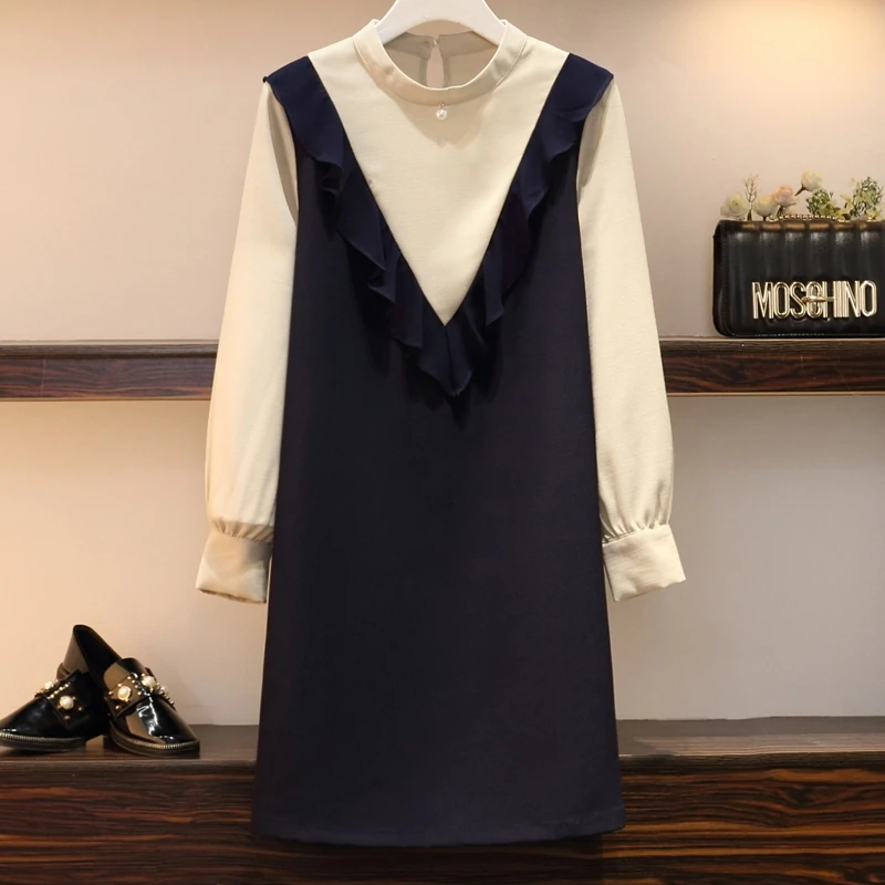 

2020 Summer Women Elegant Vacation Stylish Leisure Dress Loose Female Lotus leaf Colorblocked Fake two Casual Large size Dress