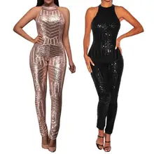 Sequin Women Jumpsuits Fashion Slim Sexy O-Neck Off Shoulder Sleeveless Solid Rompers Party Wear Overalls Monos de Fiesta 2020 E