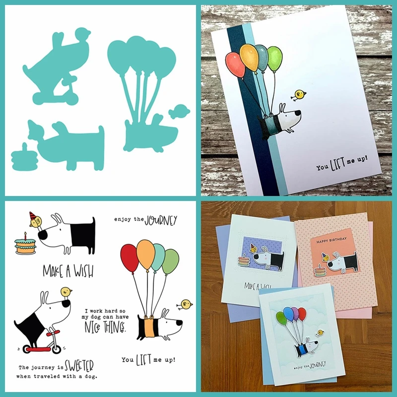 Dog Bird With Hot Balloon Cake Enjoy The Journey Metal Cutting Dies Clear Stamps For Craft Album Making Template 2020 | Дом и сад