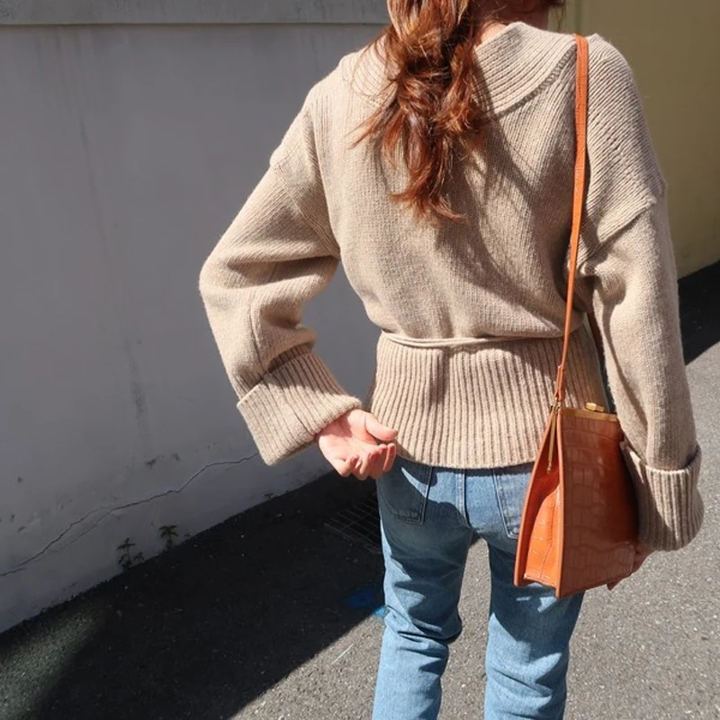 Модный ремень свитер женский v-образный вырез длинный рукав кардиганы свободная повседневная женская одежда трикотаж однотонный винтажный свитер осень зима