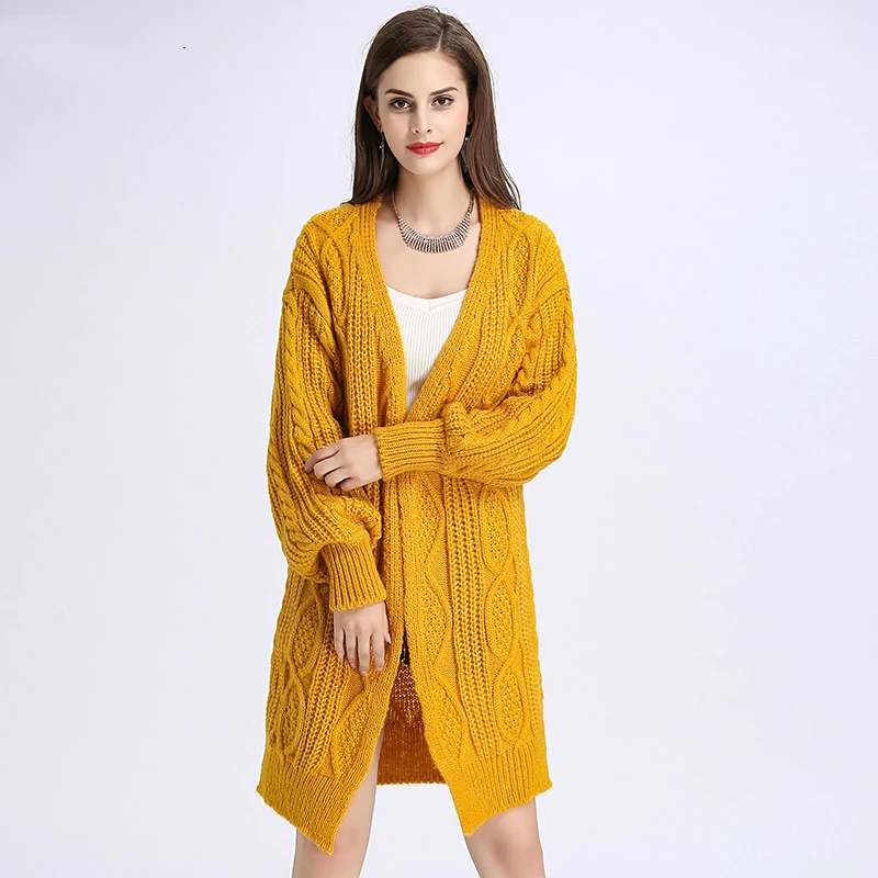 

Yellow Long Sweater Cardigan For Women 2019 Autumn Winter Loose Long Sleeve Cardigan Female Knitted Jacket Tops