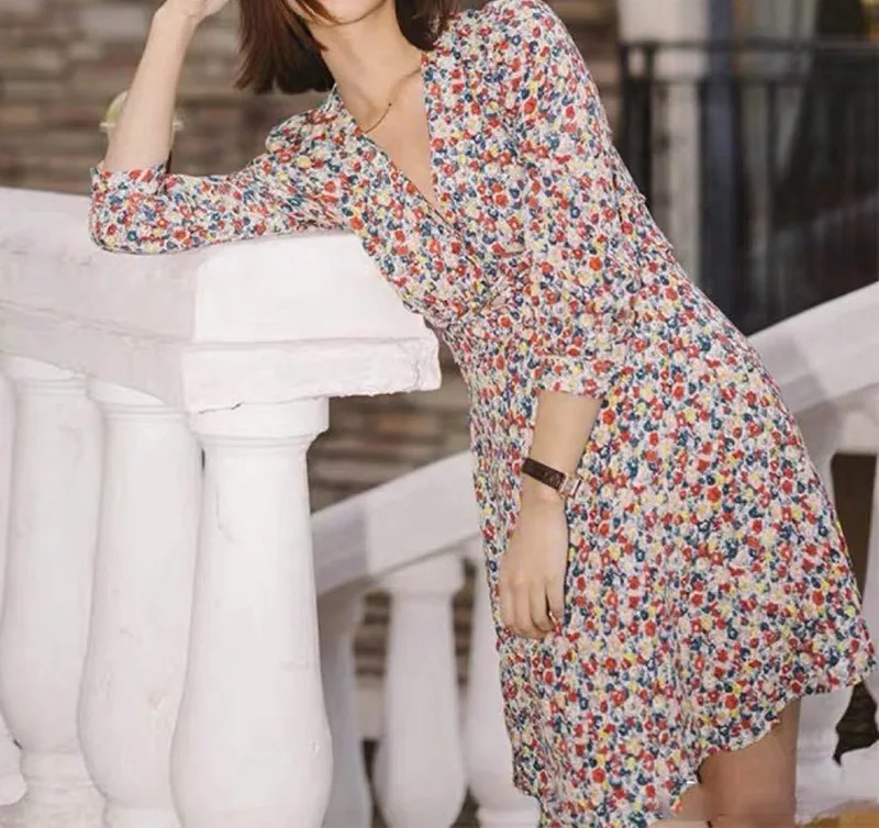2020 New Women Viscose Floral Printed Short Mini Dress With V Neckline &amp Ruffled Detail | Женская одежда