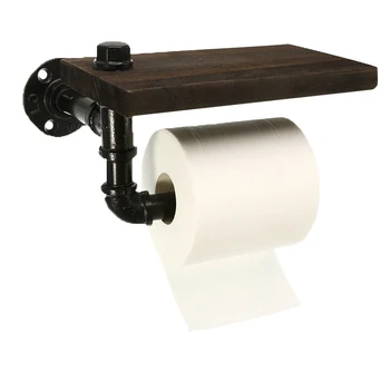 

Bathroom Shelves Industrial Retro Iron Toilet Paper Holder Hotel Roll Paper Hanging Rack Wooden Shelf Phone With Holder