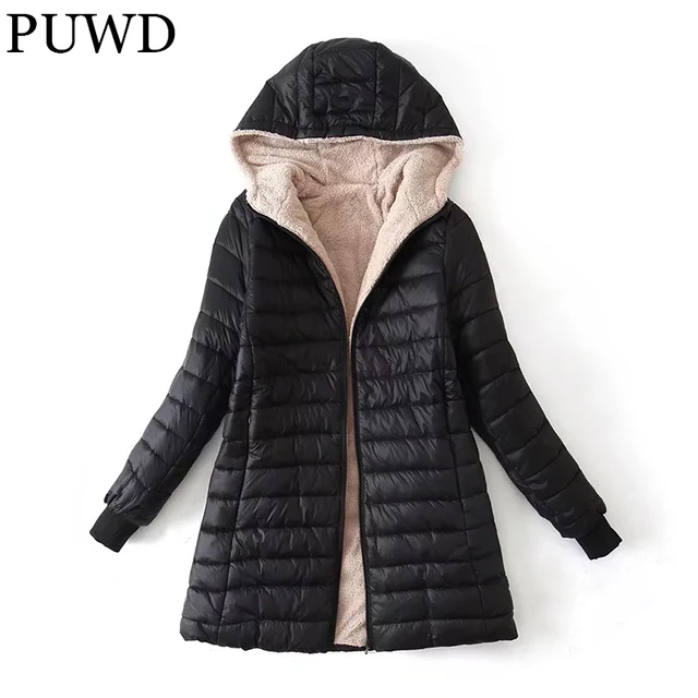 PUWD Women Mid-length Hooded Cotton Jacket 2022 Spring Lightweight Plush Lining Solid Ladies Parka Loose Female Zipper Outwear Ranked Product Recommendation