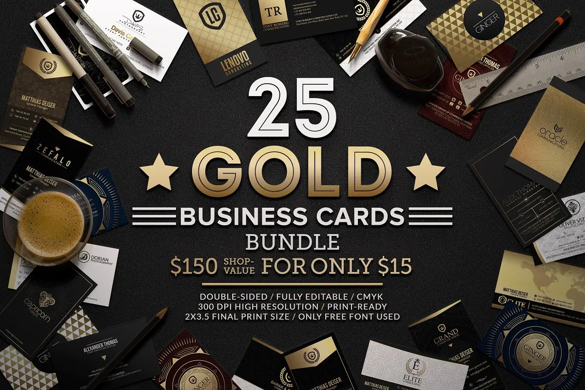 平面素材-25个金色高质量名片PSD模板合集25 Gold Business Cards Bundle(3)