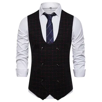 

New Men's Vests Dress Suits Casual Slim Fit Plus Size Plaid Double-breasted Sleeveless Suit Vests For Men Autumn Winter Clothing
