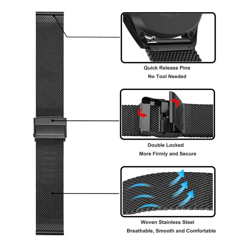 Миланский ремешок из нержавеющей стали для huawei Watch GT 2 46 мм 42 мм быстросъемный сетчатый тканый Ремешок Браслет черный серебристый