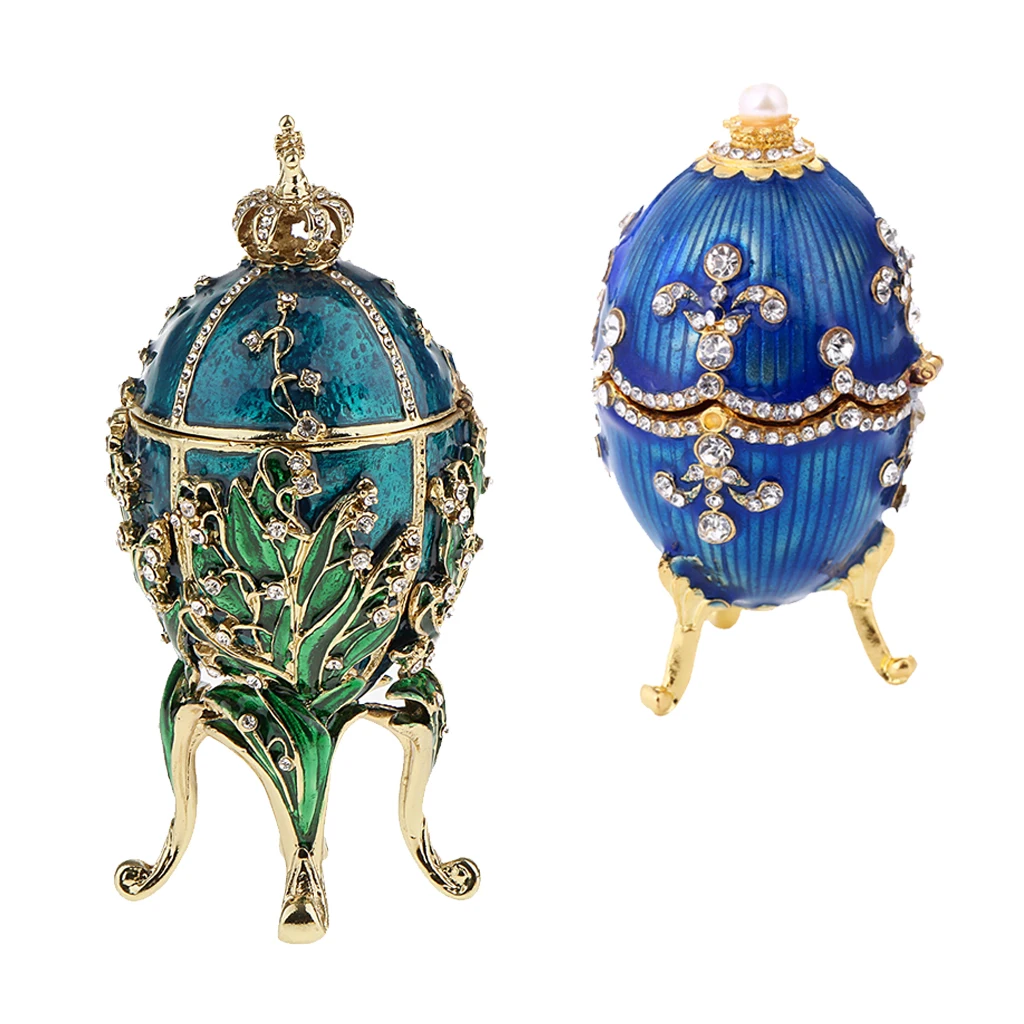 2Pcs Crystal Easter Faberge Egg Jewelry Box Earrings Russian Trinkets Case