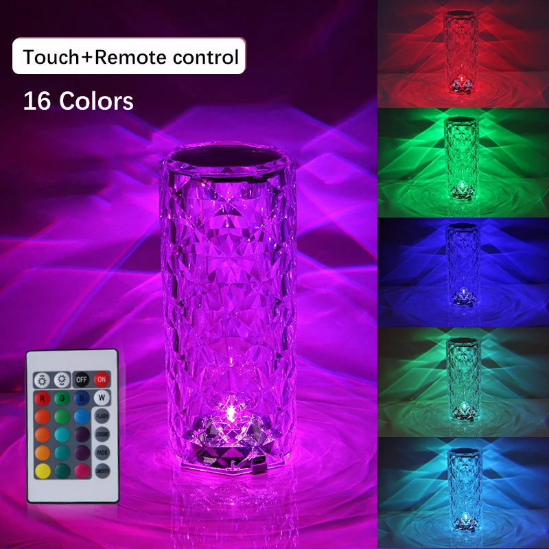 

LED Crystal Table Lamp Rose Light Projector 3/16 Colors Touch Night Light Romantic Diamond Atmosphere Light USB Home Bar Decor