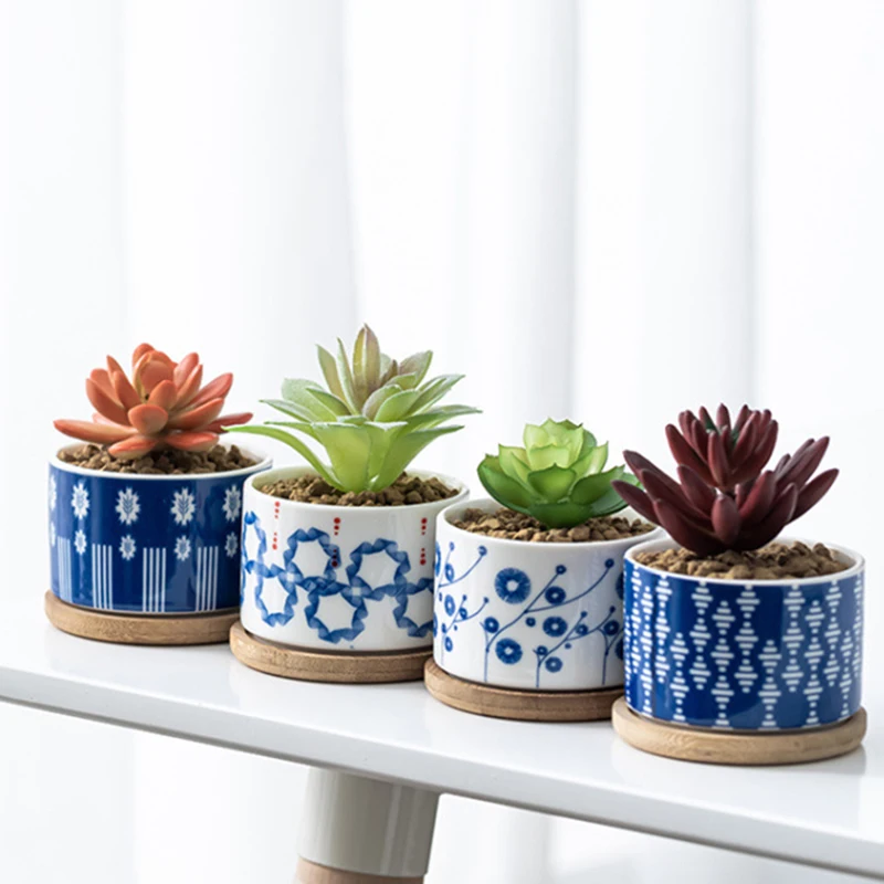 

Japanese Blue Ceramic Succulent Flower Pot Mini Potted Desk Furnishings Straight Round Balcony Green Planting Home Garden