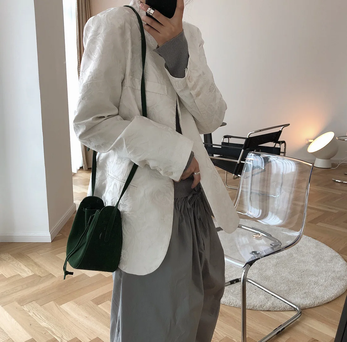 

2019 Early Autumn New Style Korean-style French Vintage Jacquard Texture V-neck Small Suit Crisp Loose-Fit Slimming Coat Women's