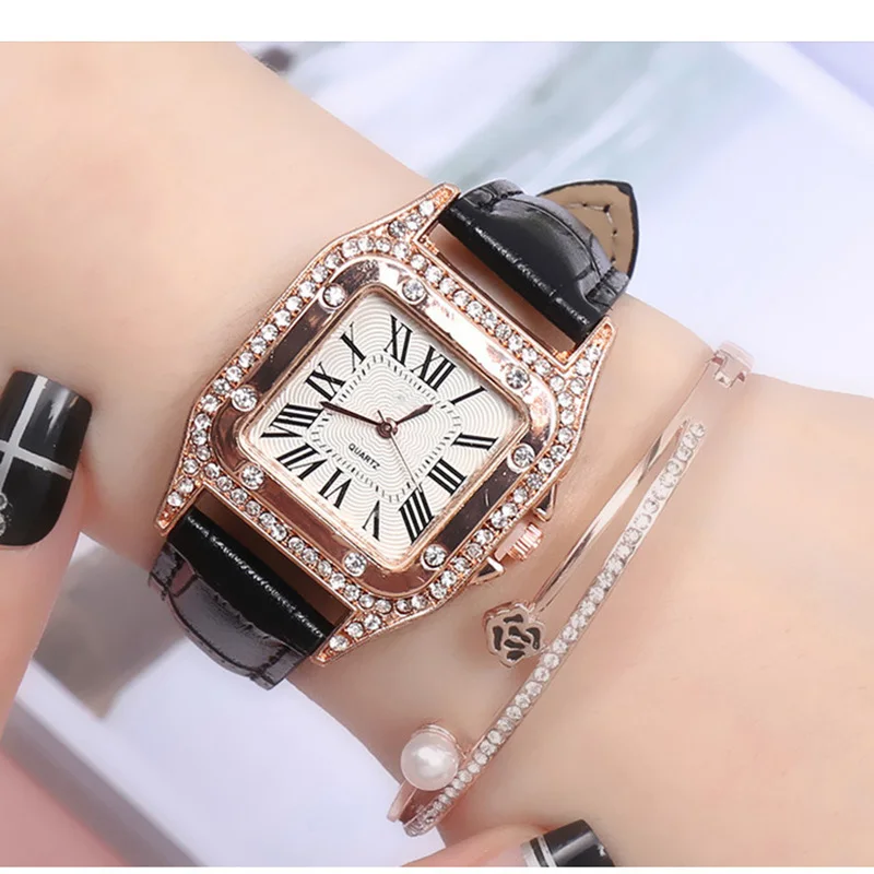 Женские часы, простые изящные квадратные часы, роскошные модные женские часы с бриллиантами, римскими цифрами, часы с циферблатом