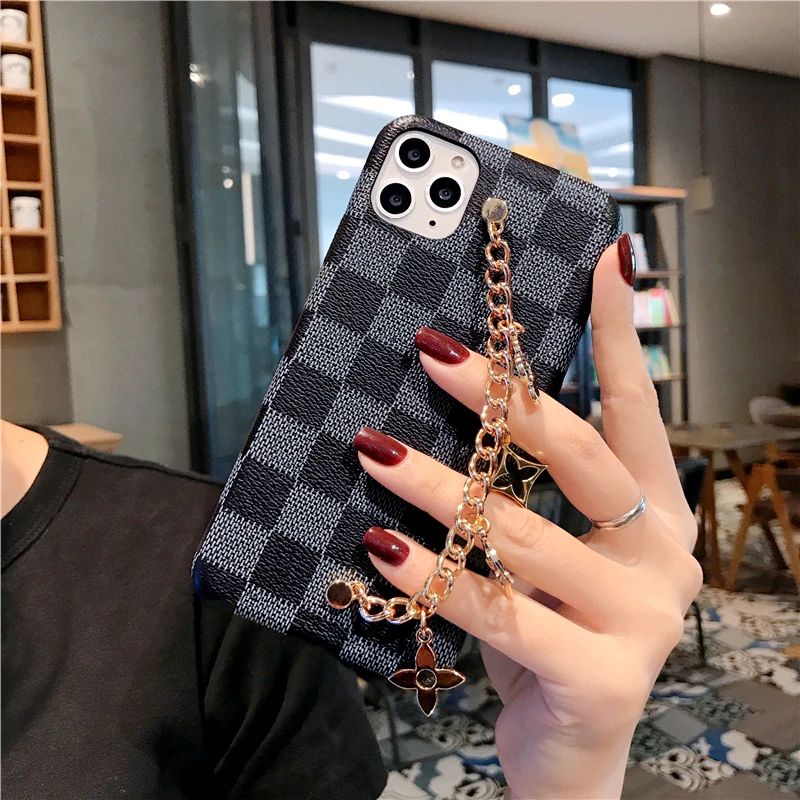 Black Роскошный чехол в клетку для IPhone 6, 6 S, 7, 8 plus, X, XR, XS, 11 Pro, Max, модный кожаный чехол на запястье для IPhone 11, чехол - Цвет: Black