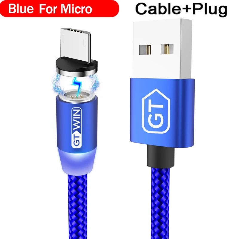GTWIN 3A Магнитный кабель Micro USB кабель для iPhone Быстрая зарядка usb type C кабель для передачи данных для мобильного телефона Магнитный Шнур зарядное устройство 1 м/2 м - Цвет: For Micro Blue