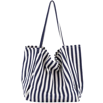 

Women'S Striped Canvas Handbag Summer Beach Classical Fabric Soft Large Handbag Female Casual Bag Thin Strip Blue