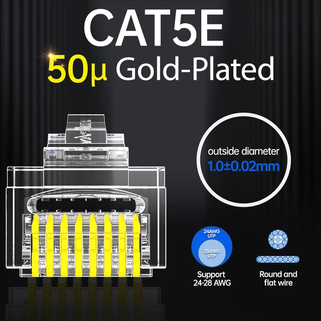 AMPCOM CAT6 CAT5E Pass Through RJ45 Modular Plug Network Connectors UTP 3/50μ Gold-Plated 8P8C Crimp End for Ethernet Cable CAT5E 50U