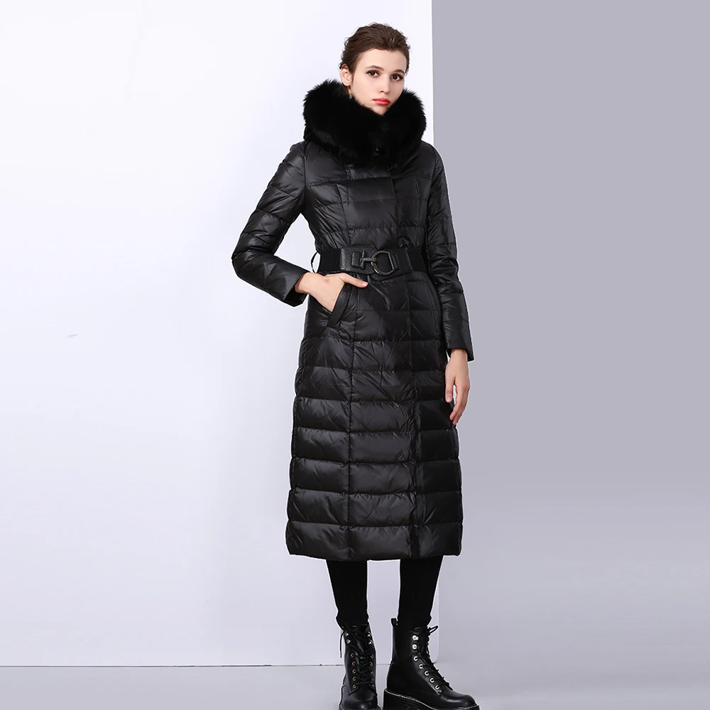 

Nice winter Pop down jacket leather grass fox fur long section warm cotton clothing ladies street large fur collar jacket
