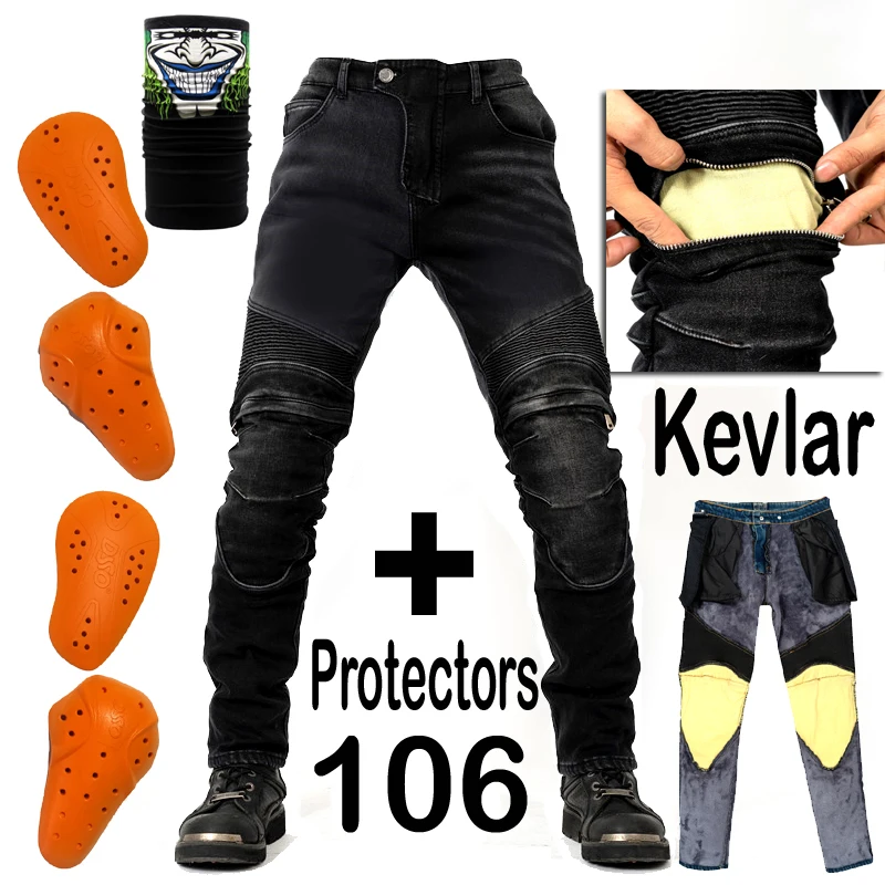 Kevlar Black 106 Ветрозащитный зимний теплый мотоцикл из кевлар плюс вельветовые джинсы брюки повседневные мужские мотоциклетные брюки мотокросса дорога Колено защитный - Цвет: Kevlar Black 106