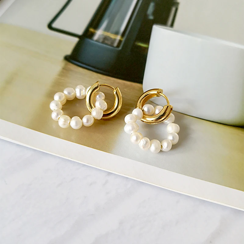 GHIDBK Baroque Freshwater Pearls Circle Hoop Earrings Handmade Gold Dainty Double Rings Earring Minimalist Natural Pearl Hoops