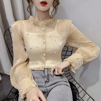 

ZCWXM 2020 Lace Blouses Women Solid Beading Fashion Elegant OL Blusas Grace Mujer Korean All Match Spring Shirts New Tops