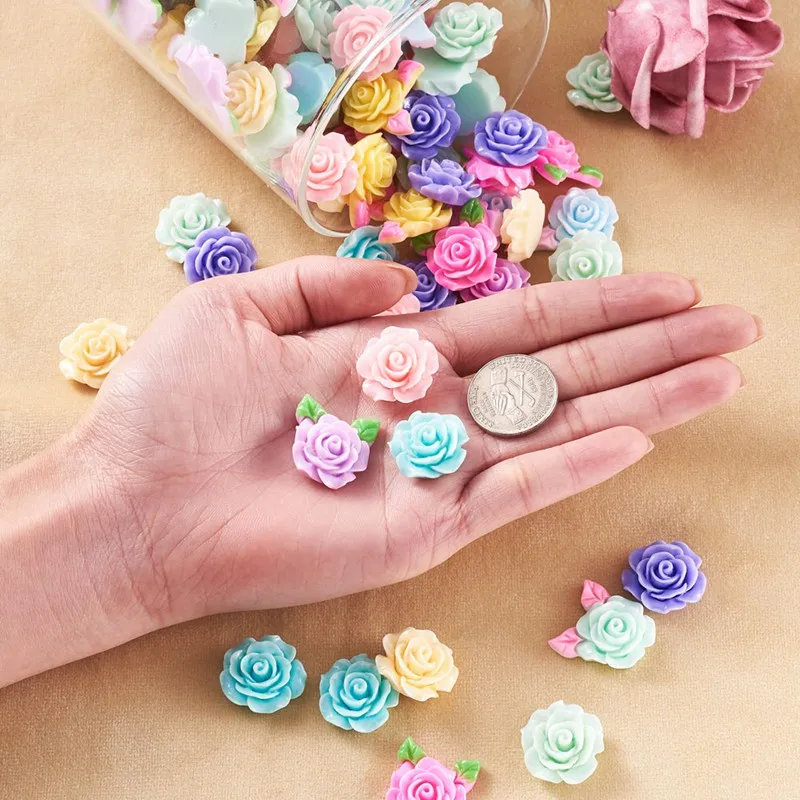 Pandahall 200pcs Opaque Resin Cabochon Rose Flower with Leaf Cabochon for Jewelry Making DIY Earring Hairpin Brooch Supplies