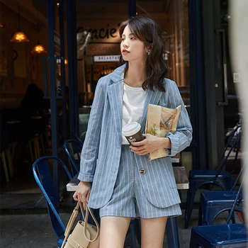 

Women Two Piece Set Spring Autumn Cotton Linen Striped Single Breasted Jacket Coat + Fringe Shorts Office Lady Clothing