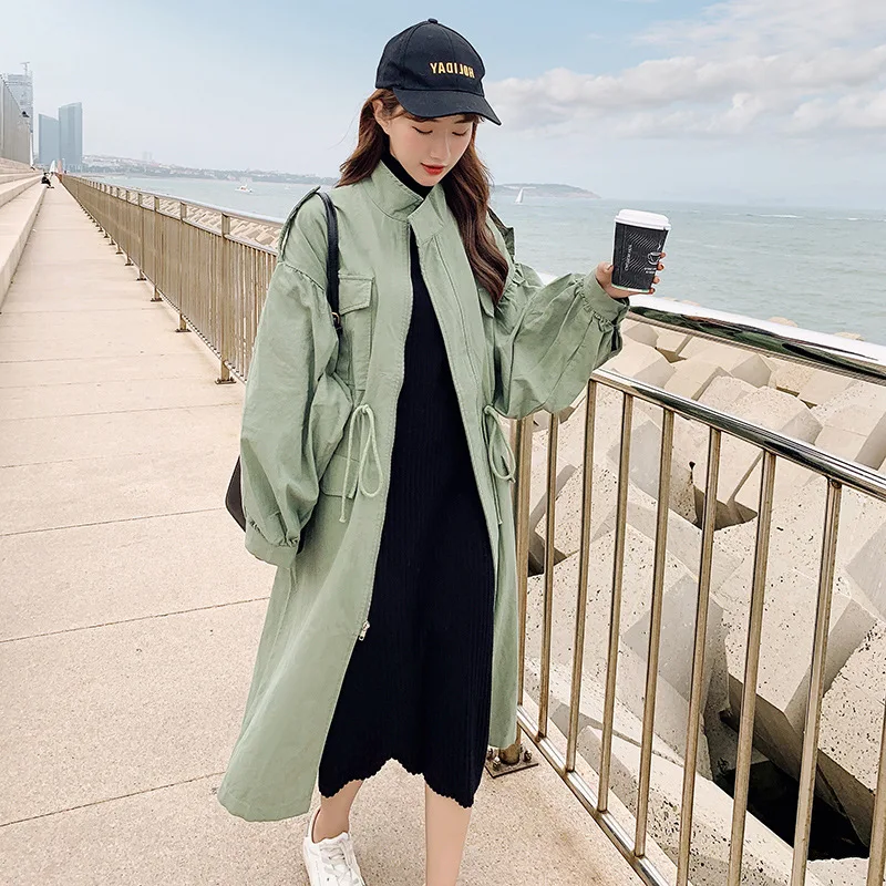 

019 Autumn New Style South Korea Loose-Fit Mid-length over-the-Knee Workwear Trench Coat Women's Spring And Autumn Retro Large S