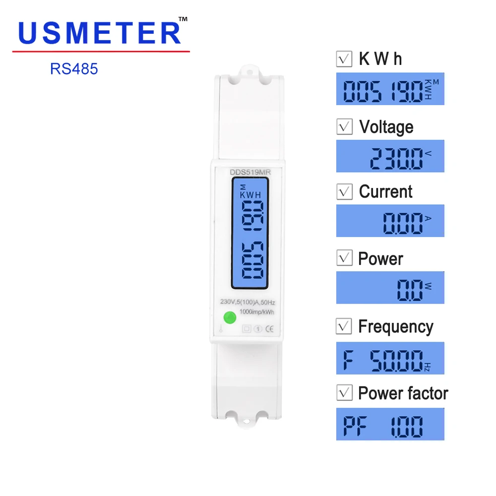 

DDS519MR Muilt-Functional Ammeter Voltmeter Wattmeter Cycling kwh Meter RS485 Modbus Energy Meter LCD Display with Backlight