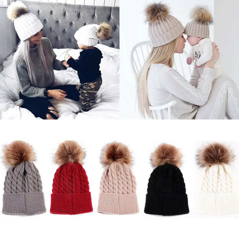 Зимняя теплая шерсть для мамы и детей, Меховая детская шапка с помпонами, Детская вязанная хлопковая шапка, зимняя шапочка