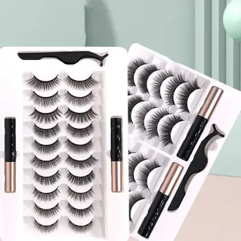 

10 Pairs Magnetic Artificial Eyelashes Liquid Eyeliner Tweezer Makeup Tool Set
