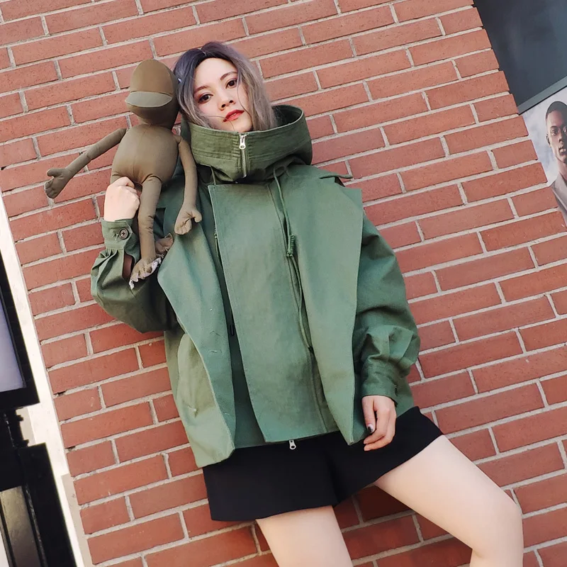 [EWQ] 2019 New Autumn Safari Style Women Jackets Casual Cotton Loose Large Size Stand Collars Hooded Trend Coat Feminino QK521 | Женская