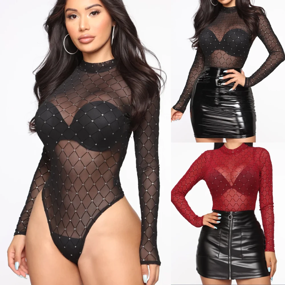 Hot Women Bodysuit Sexy Long Sleeve See Through PlaidOne Piece Rompers Club Top