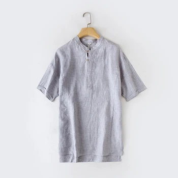 

Men's Short Sleeve Shirts 100%Linen White Stand Collar Pullover Tees Fashion Casual Summer Man Tops Y2308