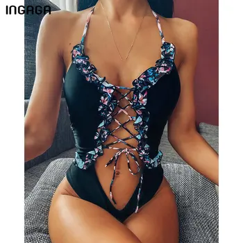 

INGAGA Lace-up One Piece Swimsuit High Cut Swimwear Women String Halter Bodysuit Sexy Ruffle Swimsuits 2020 Backless Bathers