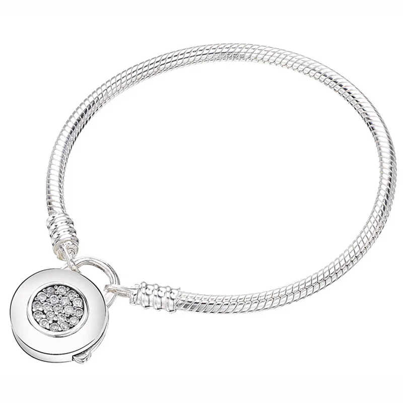 

925 Sterling Silver Bracelet Logo Signature Padlock MOMENTS Smooth Snake Bracelet Bangle Fit Bead Charm DIY Europe Jewelry