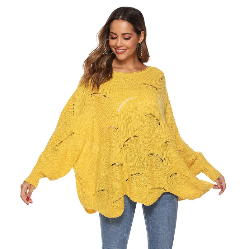 

Irregular Loose Lantern Sleeve Sweater for Women Hollow Out Knitting Pullover Clothe Autumn Winter Sweater Solid Large Size XXL