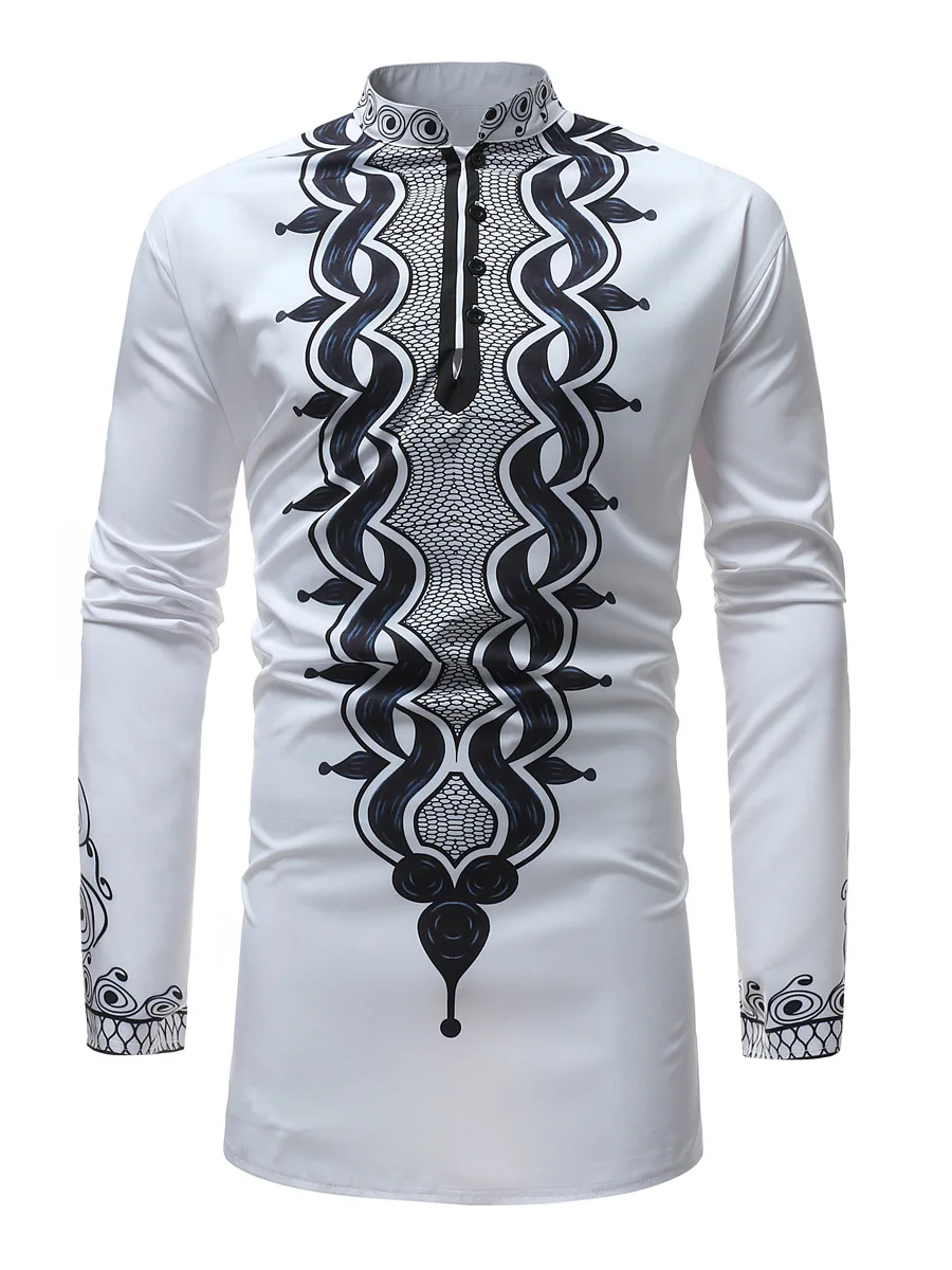 Men's African Stand-up Collar 4 Bottons Ethnic Shirt Printing Long-Sleeved Style For Outdoor Casual Daily Clothing | Тематическая