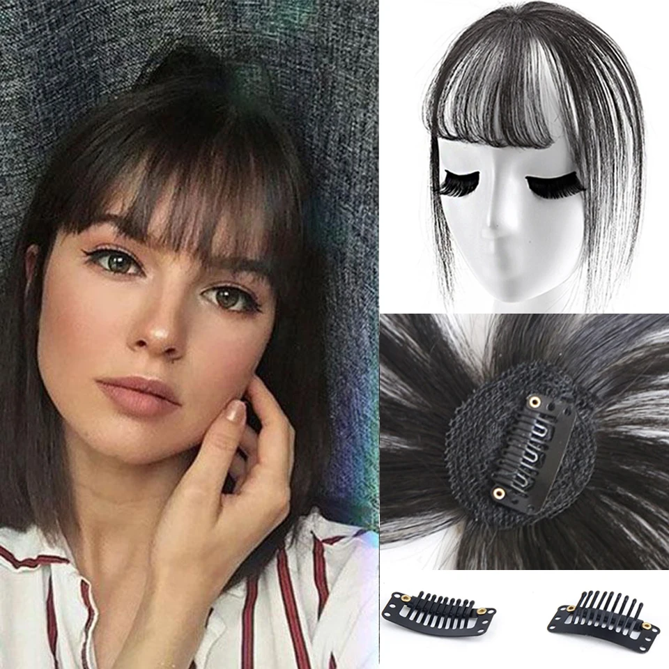 LV HAN Black Light Brown Clip On air Bangs Hairpieces for Women Bangs