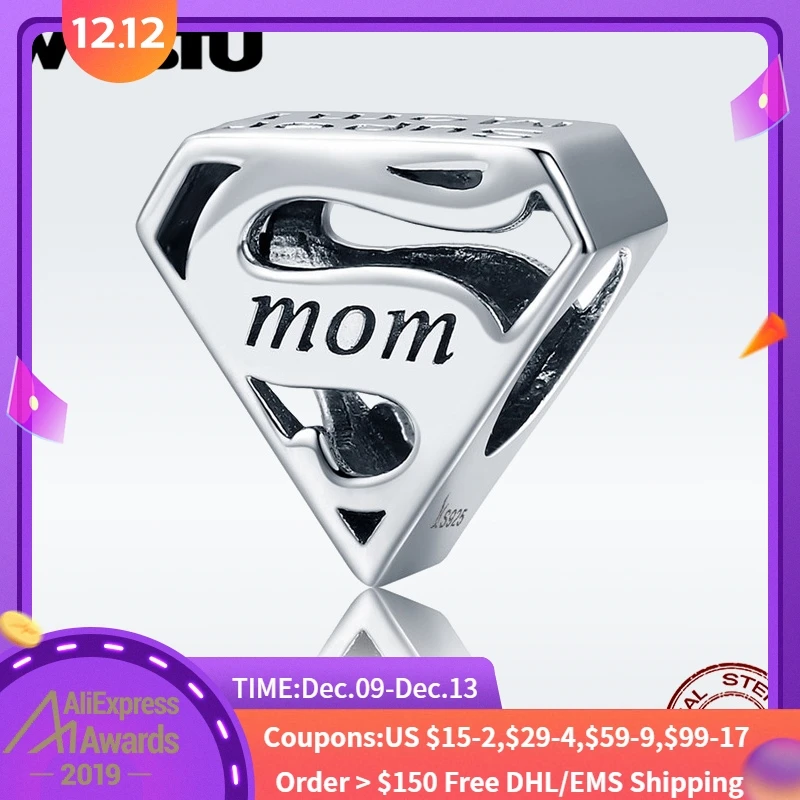 

WOSTU Genuine 925 Sterling Silver Super Mom Mother Beads fit original wst Charm Bracelets & Bangles Mother Gift DXC429