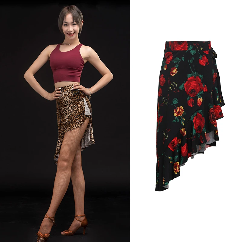 

Latin Dance Skirt Women Sexy Leopard / Rose Print Latin Practice Lotus Leaf Skirt Lady Rumba Salsa Samba Dance Costumes VO281