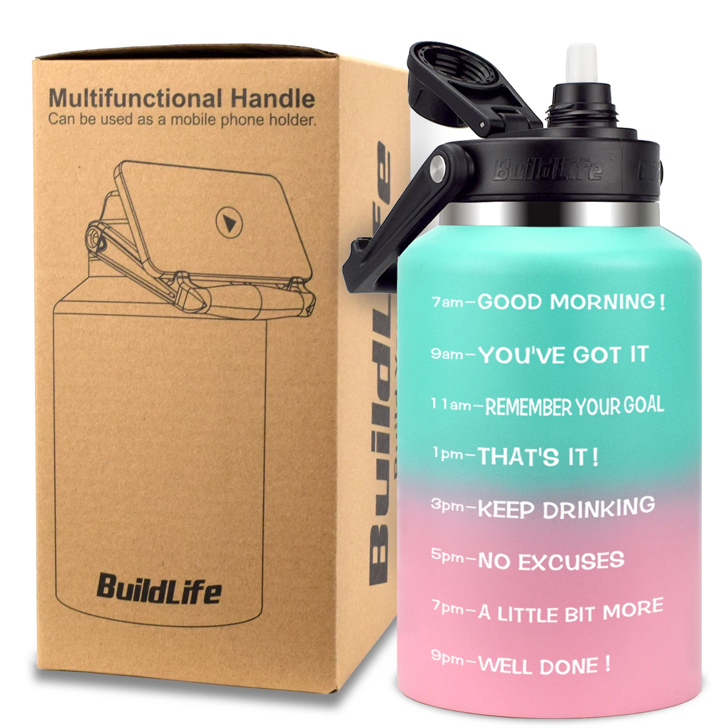 BuildLife 스테인리스 스틸 진공 병, 반 갤런 동기 시간 표시, 빨대 뚜껑 누수 방지, 넓은 입, 2L