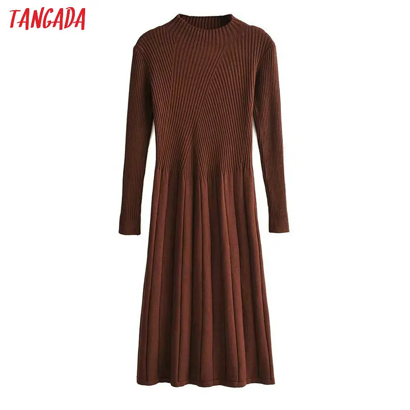 Tangada women solid knitted sweater dress elegant long sleeve pleated autumn winter lady big strethy midi dresses 5M01