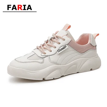

spring/autumn Genuine leather off white shoes chunky Casual Breathable sneakers loafers women's flat platform lace-up round toe