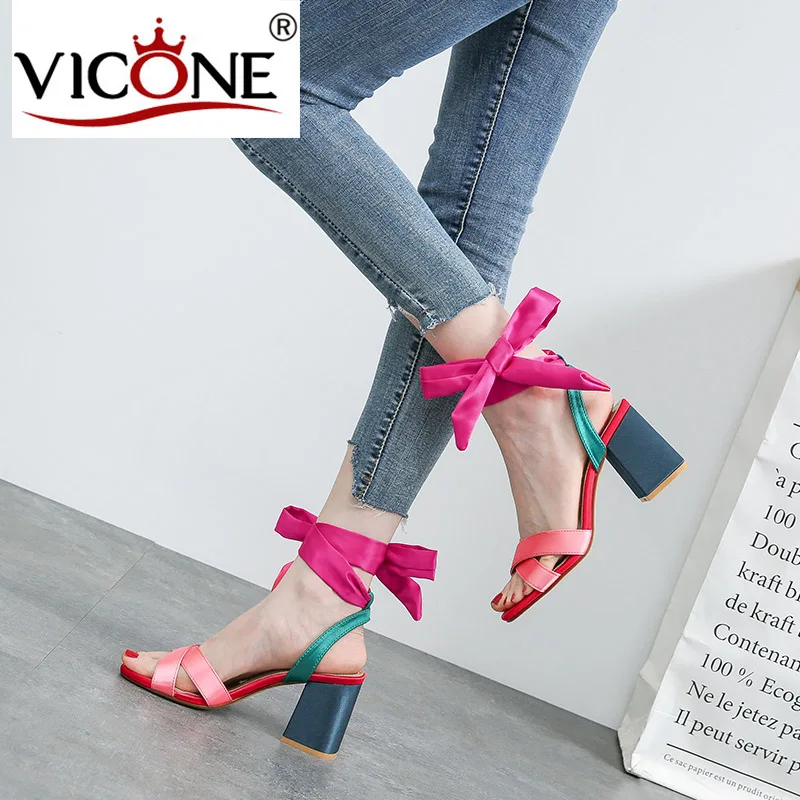 

VICONE Women Summer Square Toe Riband Silk Casual Sweet Fashion Square Heels V10175